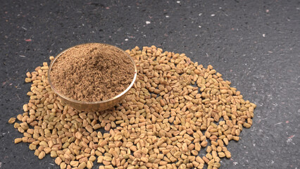 Methi or fenugreek seeds with methi leaves.Methi seeds is good for health.
