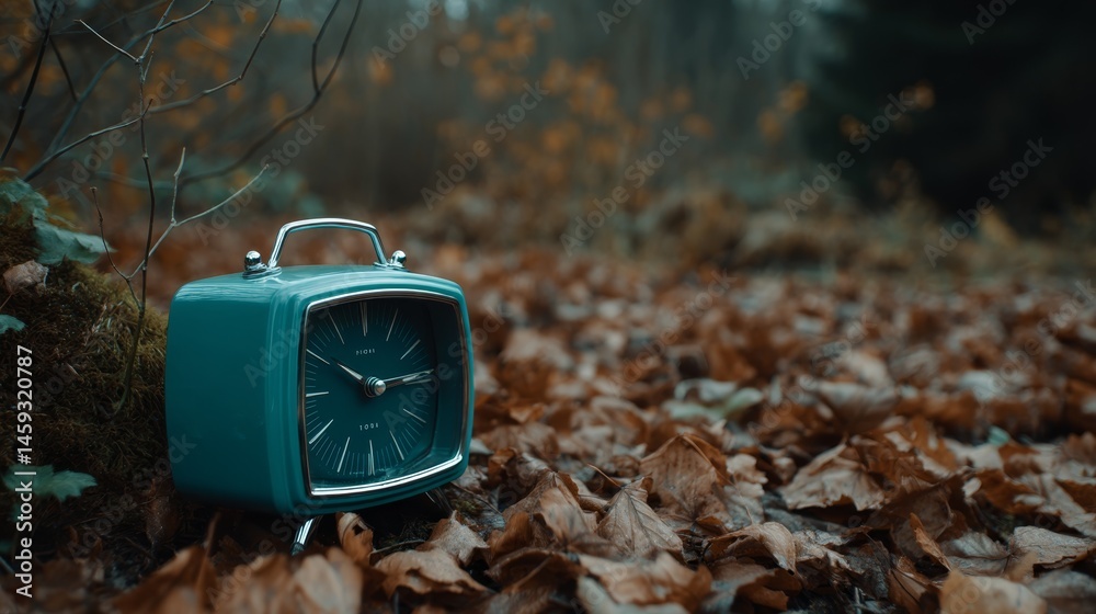 Aufkleber a teal alarm clock shows 6 am, surrounded by a carpet of fallen leaves, illuminated by a soft twilig