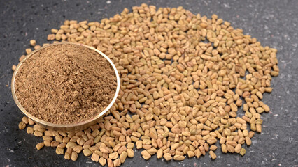 Methi or fenugreek seeds with methi leaves.Methi seeds is good for health.
