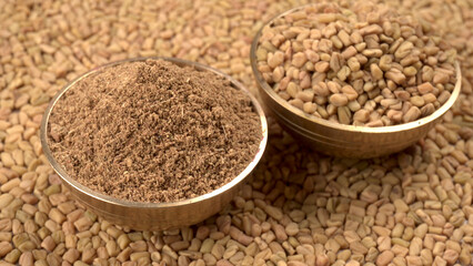 Methi or fenugreek seeds with methi leaves.Methi seeds is good for health.
