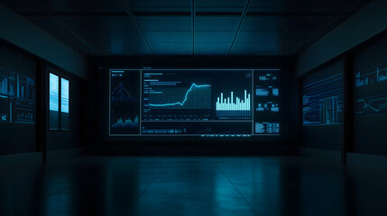 Futuristic Data Center Interior with Large Digital Screens Displaying Financial Charts and Graphs