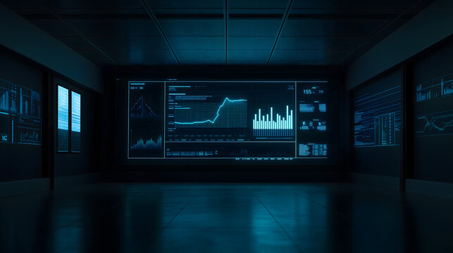 Futuristic Data Center Interior with Large Digital Screens Displaying Financial Charts and Graphs