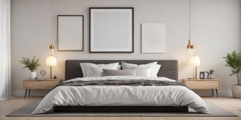 Stylish oversized frame mockup above platform bed in bright home, frame mockup, background