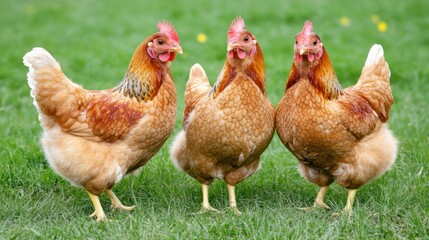 Fototapeta premium Three brown chickens standing on green grass in a farmyard