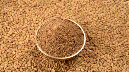 Methi or fenugreek seeds with methi leaves.Methi seeds is good for health.
