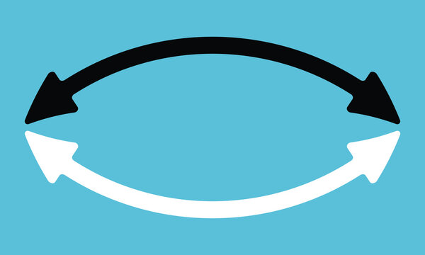 Double headed semi circle arrow. Black and white 
 arrows set. Double ended black an white arrow illustration. Direction black and white symbol. Dual sided curved arrow icon.