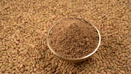 Methi or fenugreek seeds with methi leaves.Methi seeds is good for health.
