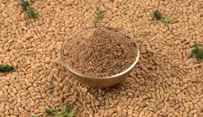 Methi or fenugreek seeds with methi leaves.Methi seeds is good for health.
