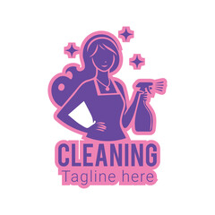 housemaid logo or illustration, woman holding cleaning spray wearing apron, smiling face with long hair. suitable for housemaid flyer promotion