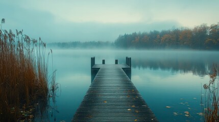 Naklejka premium Lake and Pier in Foggy Autumn Landscape