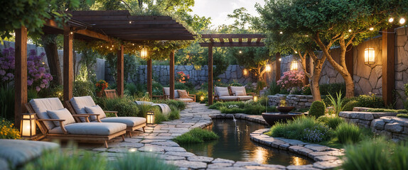 Obraz premium Serene and luxurious outdoor garden scene with seating areas and water features illuminated by warm lighting