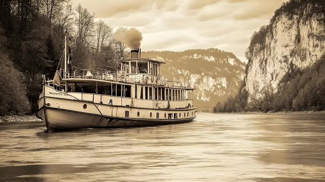 Vintage steamboat navigating a river, flanked by steep, tree-covered banks under a cloudy sky