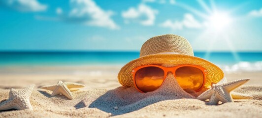 Vacation summer holiday travel tourism tropical ocean sea background panorama - Close up of straw hat and sunglasses in the sand on the beach © Corri Seizinger