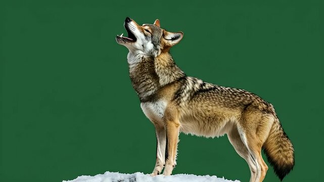 A lone wolf howls against a vibrant green backdrop, standing proudly on a snowy patch. Its fur displays a mix of brown and gray tones
