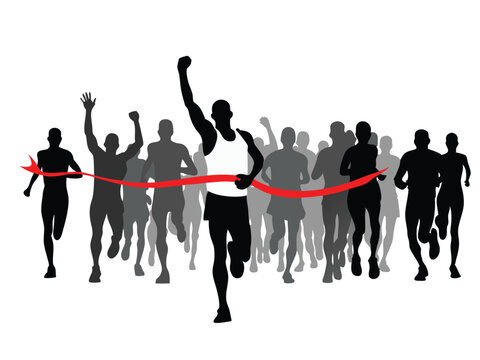 Silhouette of race with winner crossing red ribbon