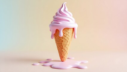 Ice cream cone with melting texture, 3D pastel color