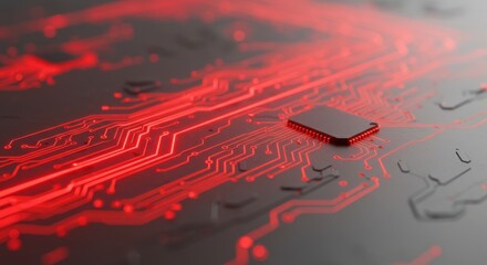 Red Glowing Circuit Board Abstract Technology Background with Microchip
