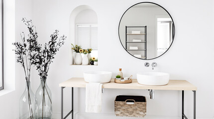 modern minimalist bathroom with round mirror and double sink vanity