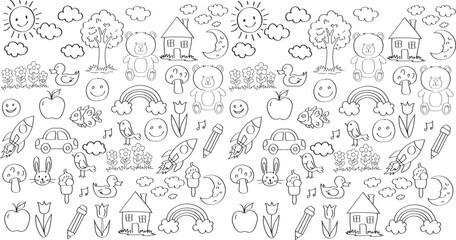 Cute Hand-Drawn Doodle Set Black and White Kids Elements for Coloring and Design, Kid crayon hand drawn background, Children school pencil bg