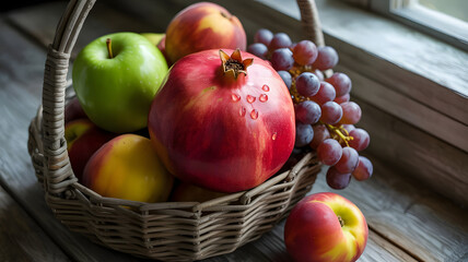  Ripe pomegranate in a basket with other fruits, still life, fruits.