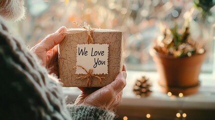 A close-up of a grandfather holding a handmade gift with a card that says "We Love You"