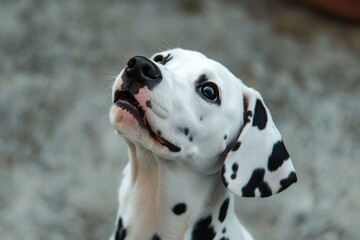 Dalmatian puppy looking up with hopeful expression outdoors