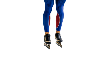 legs male speed skater in blue skin suit, cut out on transparent background