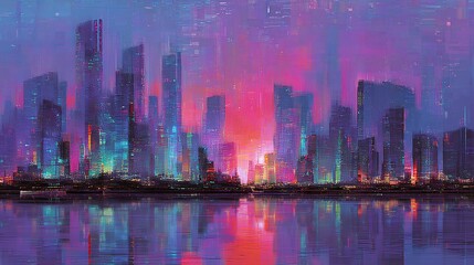 Fototapeta premium City skyline at night reflected in water vibrant colors and starry sky.