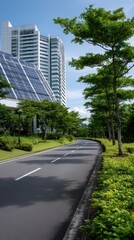 Urban Road with Solar Panel Building and Lush Green Trees on a Clear Day
