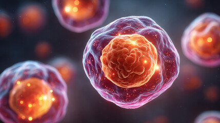 A 3D visualization of a biological cell under a microscope, showing detailed organelles and glowing structures within.