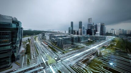 Fototapeta premium A dynamic aerial view of a densely populated urban center featuring a skyline of sleek high rise buildings expansive highway networks