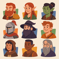 Fantasy Character Portraits Collection Featuring Dwarf, Elf, Knight, and Wizard