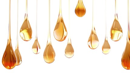 Dripping caramel drops in a mesmerizing display, isolated on a pure white background, creating a visually appealing and mouth - watering sight. The caramel's rich, golden - brown color and the way it 