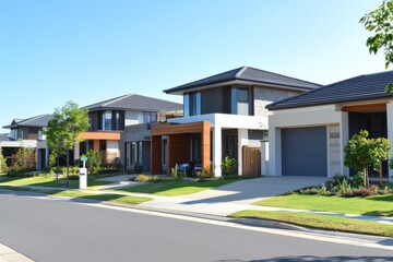 Obraz premium Modern suburban neighborhood with newly built detached houses under blue sky