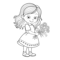 ‎A black and white A girl is standing with flowers in her hand. illustration line art of a coloring page