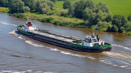 Obraz premium Aerial view of large freight boat navigating busy shipping lane with visible deck layout