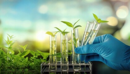 A gloved hand holds test tubes with young green plants, illustrating a scientific experiment in a natural, outdoor setting.