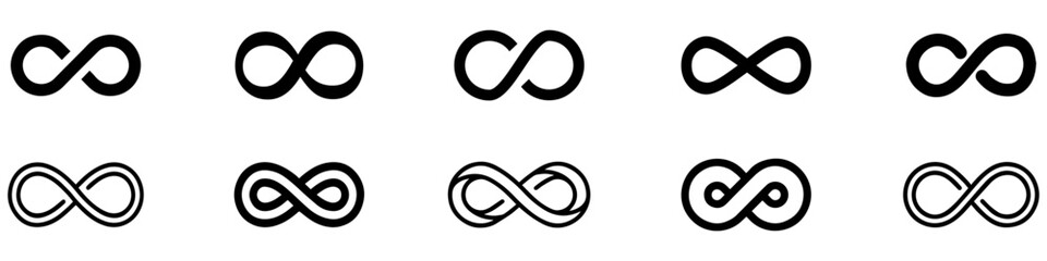 Infinity shape icon. Infinity symbols. Set of infinity icons. Symbols of endless, unlimited, eternal. Vector illustration. EPS 10