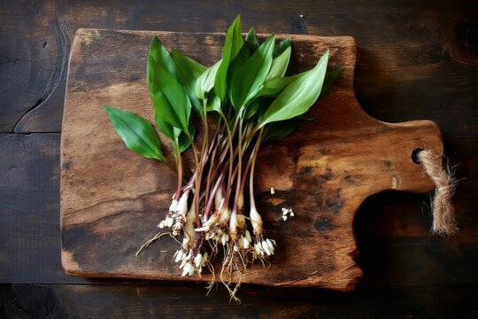 Freshly harvested wild ramps with roots and green leaves on rustic cutting board in earthy setting - Powered by Adobe