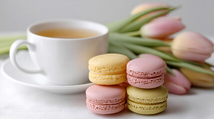 Obraz premium <pink tulips, vanilla and pistachio macarons with tea, a quiet celebration of subtle sweetness, Mother's Day brunch whisper