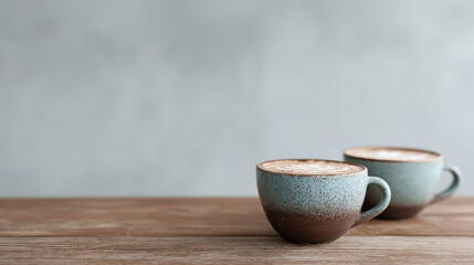 Cerulean mugs of frothy latte on oak, capturing Coffee Appreciation Month's rustic warmth, echoing Hygge's cozy embrace