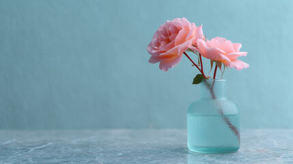 Pink roses in a turquoise vase exude serene elegance for Lunar New Year and Secret Garden Day celebrations