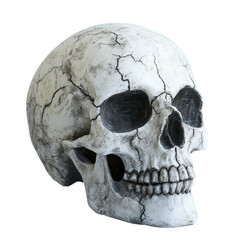 Obraz premium Detailed human skull with cracks, showcasing realistic texture and structure. This decorative piece can evoke sense of mystery and intrigue, perfect for Halloween or gothic themes