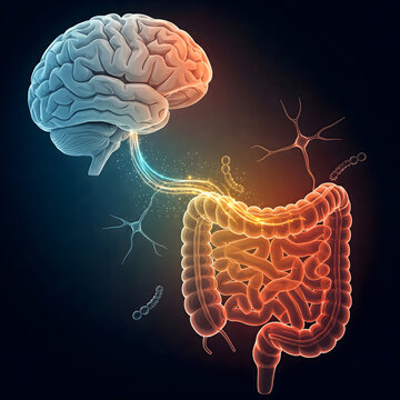 Brain-Gut Microbiome Interaction, mind-body, health, medicine on isolated black background