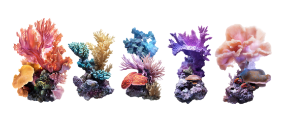 Pack of Vibrant Coral Reef Aquarium Decorations 5 Colorful Sets set against transparent background