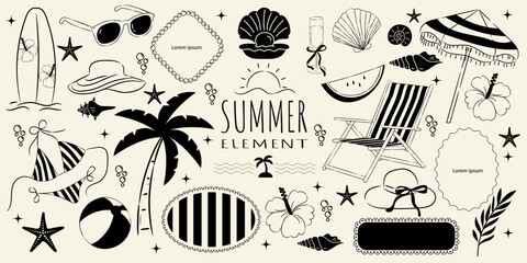 Vintage summer set of doodle hand drawn objects. Vintage summer symbols. Vacations, tourism, logo, frame