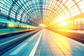 High-speed train at modern station, sunlight streams through arched glass roof.  Platform, tracks, and train in motion
