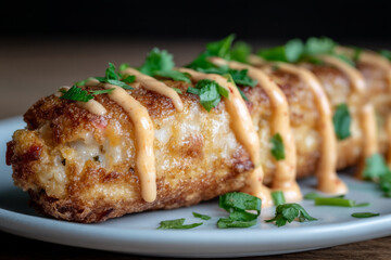 Crispy elote draped in creamy tajin drizzle, fiesta-inspired delight, celebrating Dia de los Muertos with zestful corn culinary artistry