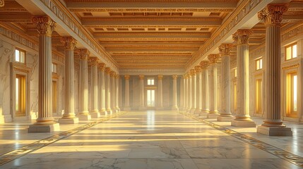 Naklejka premium Grand colonnaded hall, bathed in golden light