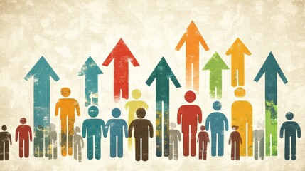 Business infographic with growth arrows, user icons, and segmented chart layout